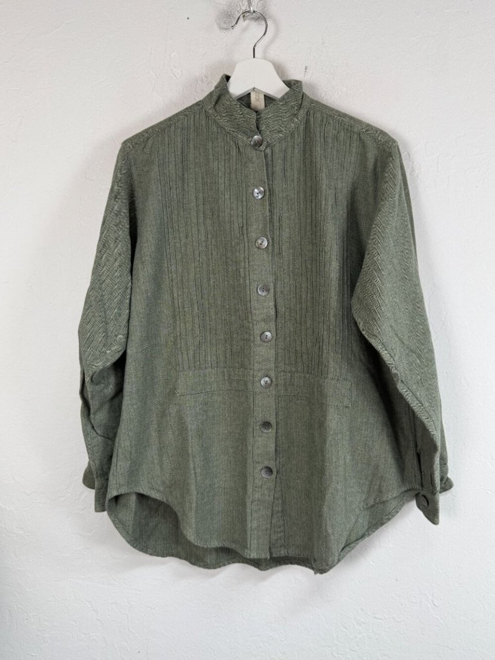 Tancredi & Morgen Womens Green Herringbone Pin-Tuck Stand Collar Blouse Shirt